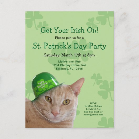 Irish Cat St. Patrick's Day Party Invite Post Kaar Uitnodiging Briefkaart (Voorkant)