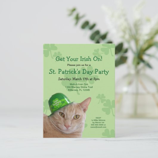 Irish Cat St. Patrick's Day Party Invite Post Kaar Uitnodiging Briefkaart (Staand voorkant)