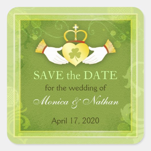 Irish Claddagh Ring Wedding Save the Date Vierkante Sticker (Voorkant)