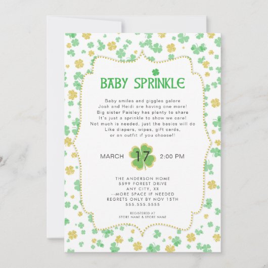 Irish Clovers Baby Strooi, neutraal groen goud Kaart (Voorkant)