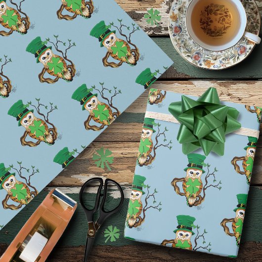 Irish Clovers Uil Groen Cadeaupapier