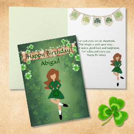 Irish Dance Shamrock Wish Brown Hair Birthday Kaart