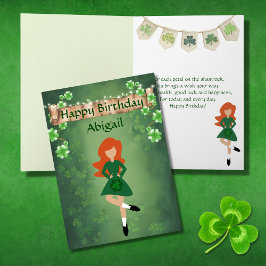 Irish Dance Shamrock Wishes Red Hair Birthday Kaart