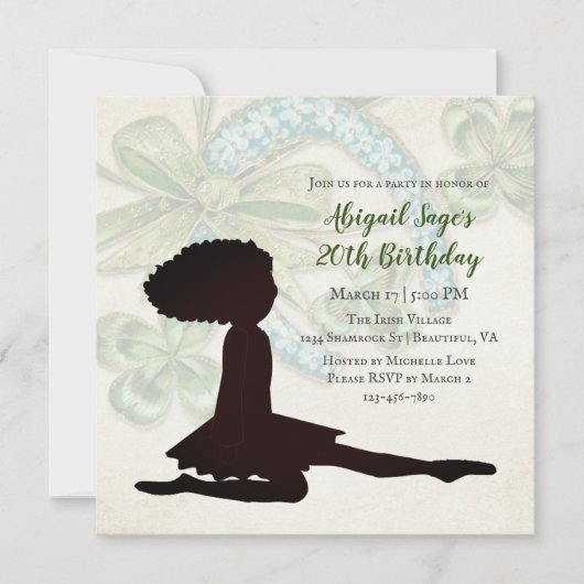 Irish Dancer, Shamrock en Hoefijzer Birthday Invi Kaart (Voorkant)