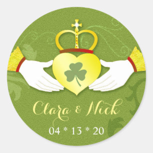 Irish Elegance Gold & Green Wedding Favor Ronde Sticker