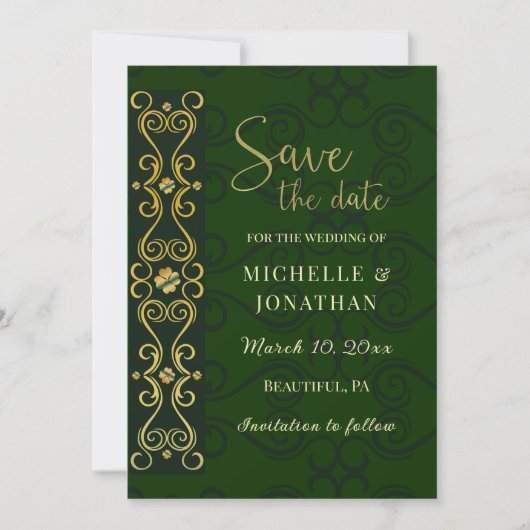Irish Elegant Gold Abstract Dark Green Wedding Save The Date (Voorkant)