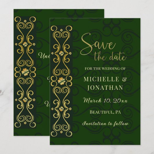 Irish Elegant Gold Abstract Dark Green Wedding Save The Date (Voorkant / Achterkant)
