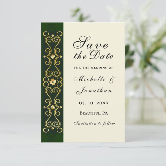 Irish Elegant Gold Dark Green Wedding Save The Date (Staand voorkant)