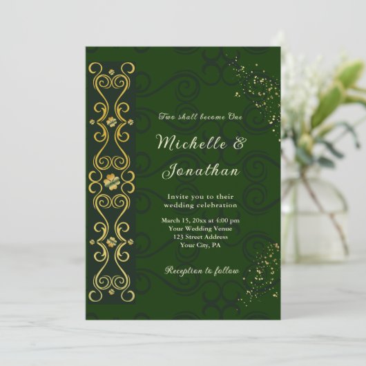 Irish Elegant Green Gold Design Christelijk Weddin Kaart (Staand voorkant)
