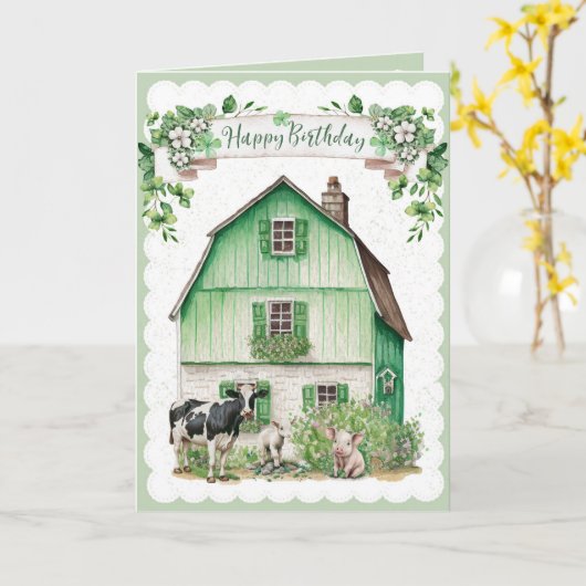 Irish Farmhouse | Groene Barn | Birthday Kaart (Gele Bloem)