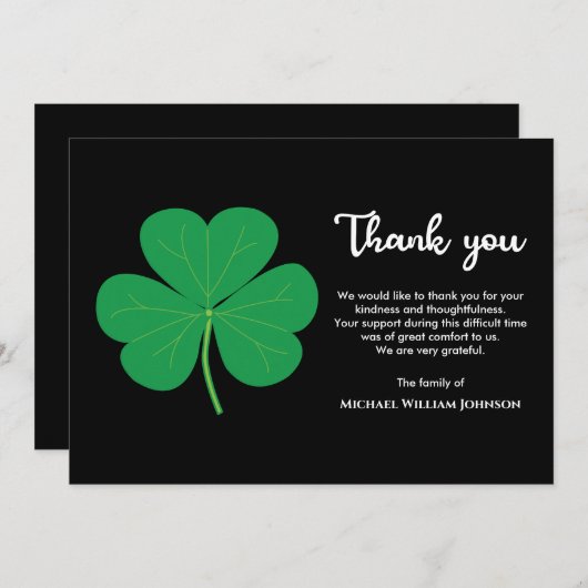 Irish Funeral Black White Green Shamrock Clover Bedankkaart (Voorkant / Achterkant)