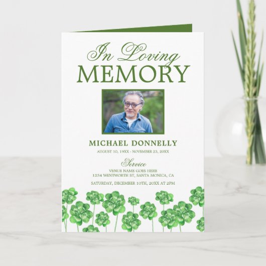 Irish Funeral Obituary Order of Service Clover Pro Programma (Voorkant)