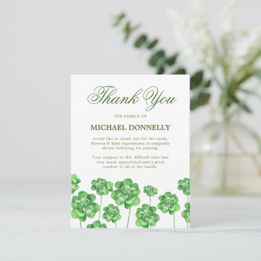 Irish Funeral Shamrock Clover Bedankkaart (Staand voorkant)