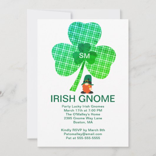 Irish Gnome Monogram Shamrock St Patricks Invite Feestdagenkaart (Voorkant)