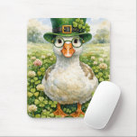 Irish Goose in Shamrock Field Muismat<br><div class="desc">A goose stands charmingly amidst a field of clover, wearing a vibrant green hat adorned with shamrocks. Its round glasses add a whimsical touch</div>
