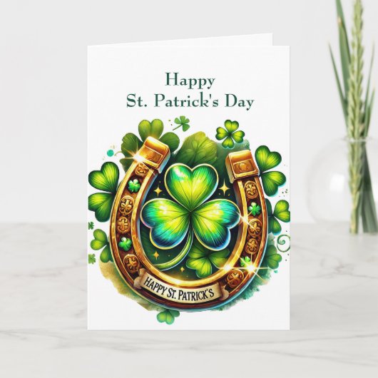Irish Green Hoefijzer Shamrocks Illustratie Feestdagen Kaart (Voorkant)