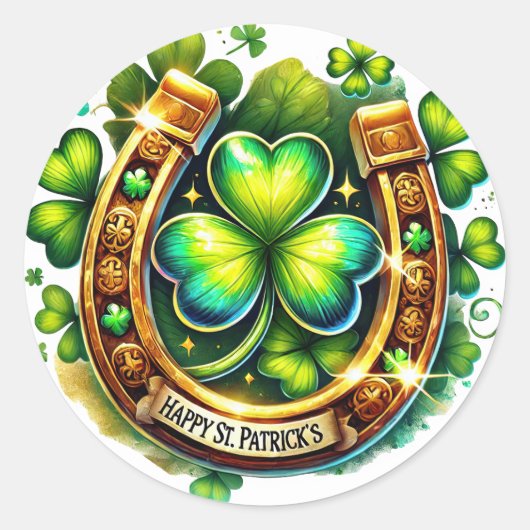 Irish Green Hoefijzer Shamrocks Illustratie Ronde Sticker (Voorkant)