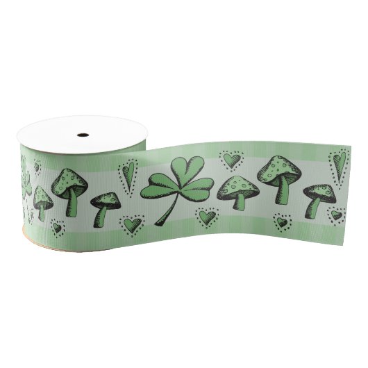Irish Green Shamrocks Hearts and Mushrooms 3" Gros Grosgrain Lint (Spoel)