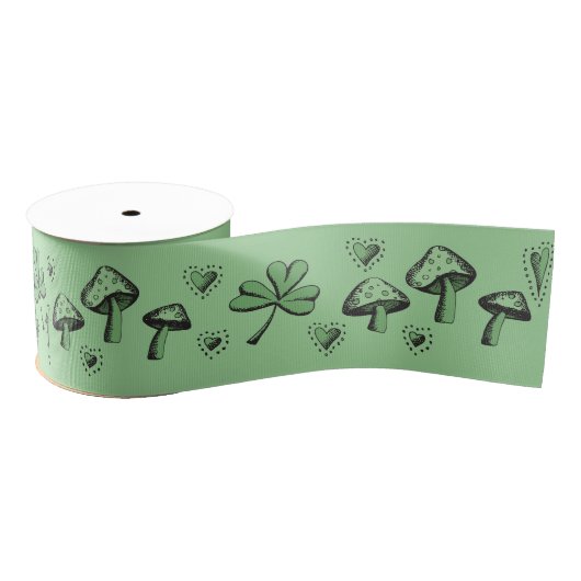 Irish Green Shamrocks Hearts and Mushrooms 3" Grosgrain Lint (Spoel)