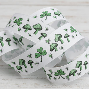 Irish Green Shamrocks Hearts and Mushrooms 3" Grosgrain Lint