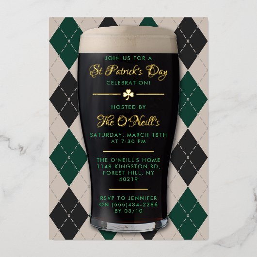 Irish Guinness Pint St. Patrick's Day Party Real Folie Uitnodiging (Voorkant)