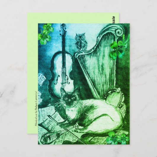 Irish Harp and St.Patrick's Day Cat Making Music Briefkaart (Voorkant / Achterkant)