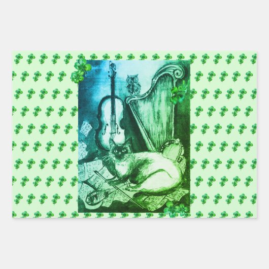 Irish Harp and St.Patrick's Day Cat Making Music Inpakpapier Vel (Voorkant 3)