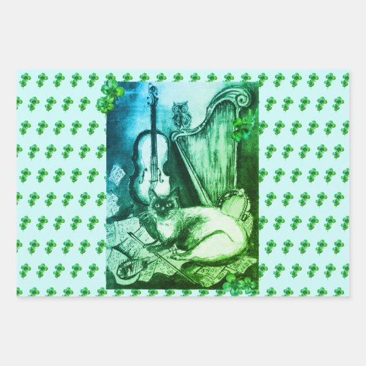 Irish Harp and St.Patrick's Day Cat Making Music Inpakpapier Vel (Voorkant)