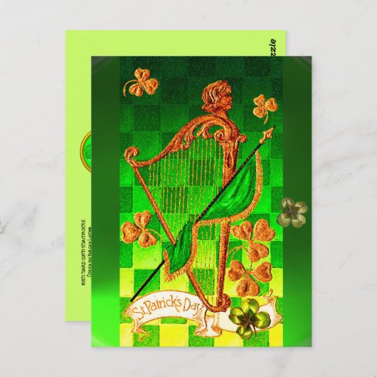 IRISH HARP, GREEN GOLD SHAMROCKS St Patrick's Day Briefkaart (Voorkant / Achterkant)