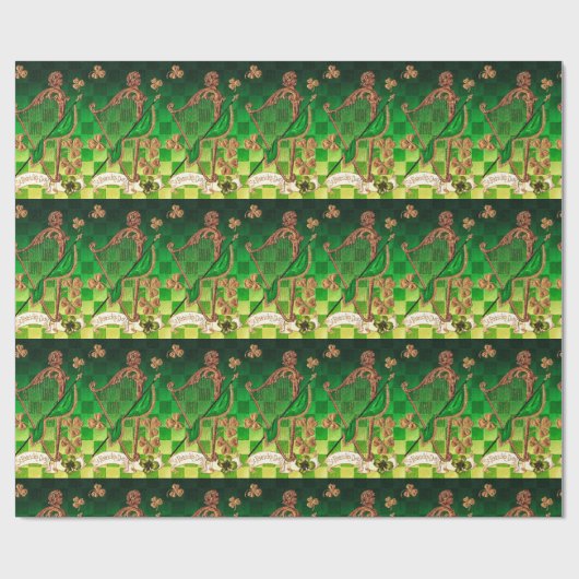 IRISH HARP, GREEN GOLD SHAMROCKS St Patrick's Day Cadeaupapier (Vlak)