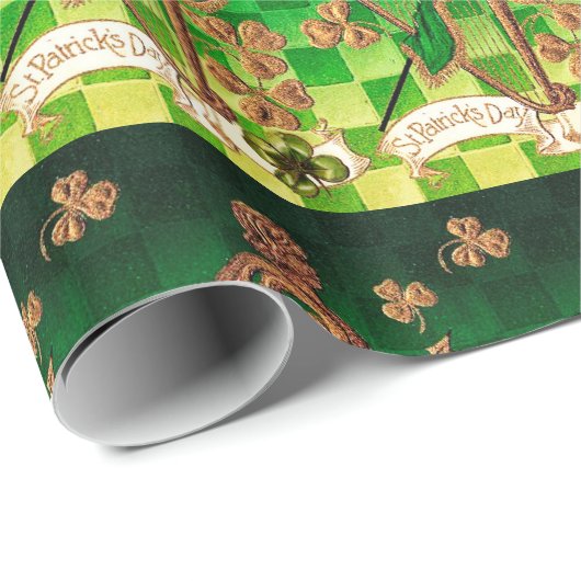 IRISH HARP, GREEN GOLD SHAMROCKS St Patrick's Day Cadeaupapier (Rol Hoek)