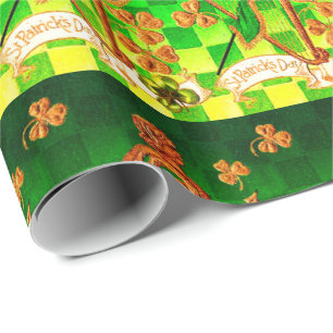 IRISH HARP, GREEN GOLD SHAMROCKS St Patrick's Day Cadeaupapier