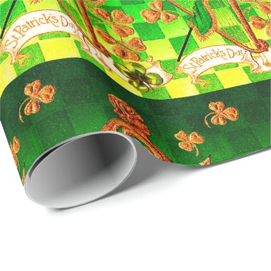 IRISH HARP, GREEN GOLD SHAMROCKS St Patrick's Day Cadeaupapier (Rol Hoek)