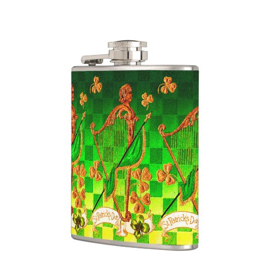 IRISH HARP, GREEN GOLD SHAMROCKS St Patrick's Day Heupfles (Links)