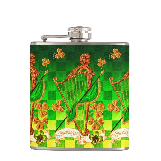 IRISH HARP, GREEN GOLD SHAMROCKS St Patrick's Day Heupfles (Voorkant)