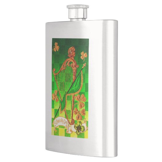 IRISH HARP, GREEN GOLD SHAMROCKS St Patrick's Day Heupfles (Links)