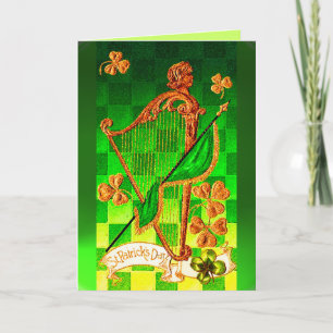 IRISH HARP, GREEN GOLD SHAMROCKS St Patrick's Day Kaart