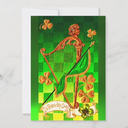 IRISH HARP, GREEN GOLD SHAMROCKS St Patrick's Day Kaart (Voorkant)