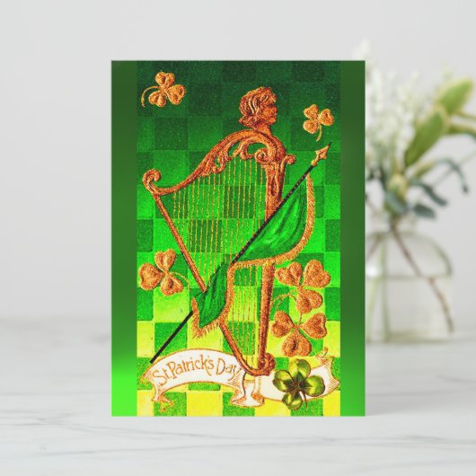 IRISH HARP, GREEN GOLD SHAMROCKS St Patrick's Day Kaart (Staand voorkant)