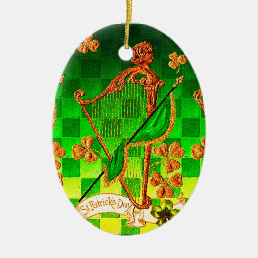 IRISH HARP, GREEN GOLD SHAMROCKS St Patrick's Day Keramisch Ornament (Voorkant)