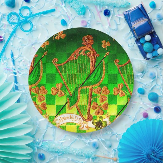 IRISH HARP, GREEN GOLD SHAMROCKS St Patrick's Day Papieren Bordje (Feest)
