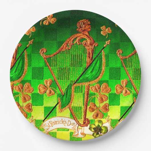 IRISH HARP, GREEN GOLD SHAMROCKS St Patrick's Day Papieren Bordje (Voorkant)