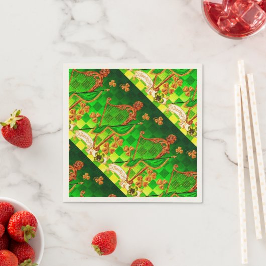 IRISH HARP, GREEN GOLD SHAMROCKS St Patrick's Day Servet (Insitu)