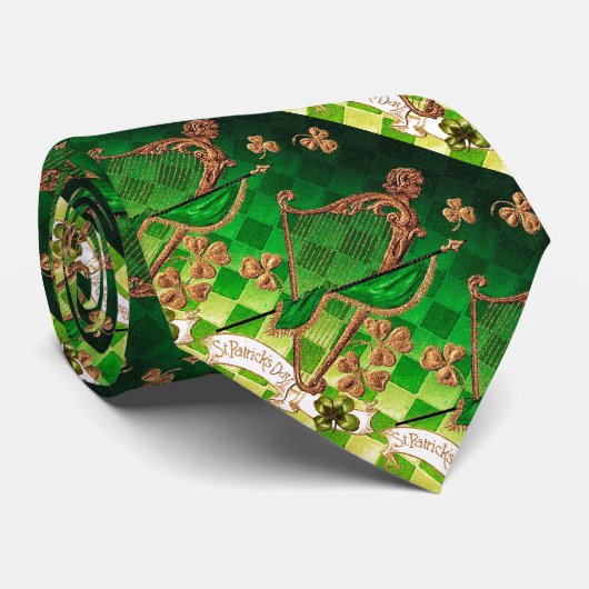 IRISH HARP, GREEN GOLD SHAMROCKS St Patrick's Day Stropdas (Opgerold)