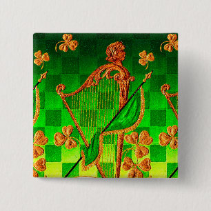 IRISH HARP, GREEN GOLD SHAMROCKS St Patrick's Day Vierkante Button 5,1 Cm
