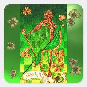 IRISH HARP, GREEN GOLD SHAMROCKS St Patrick's Day Vierkante Sticker
