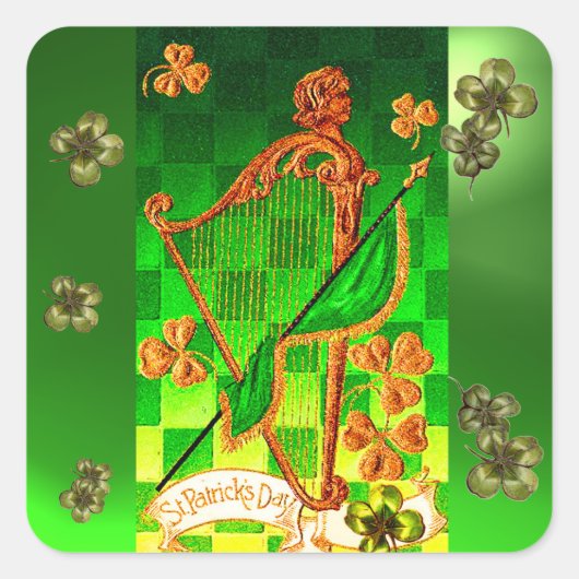 IRISH HARP, GREEN GOLD SHAMROCKS St Patrick's Day Vierkante Sticker (Voorkant)