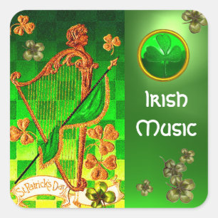 IRISH HARP, GREEN GOLD SHAMROCKS St Patrick's Day Vierkante Sticker