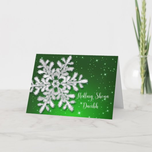 Irish KerstSilver Snowflake over Groen Feestdagen Kaart (Voorkant)