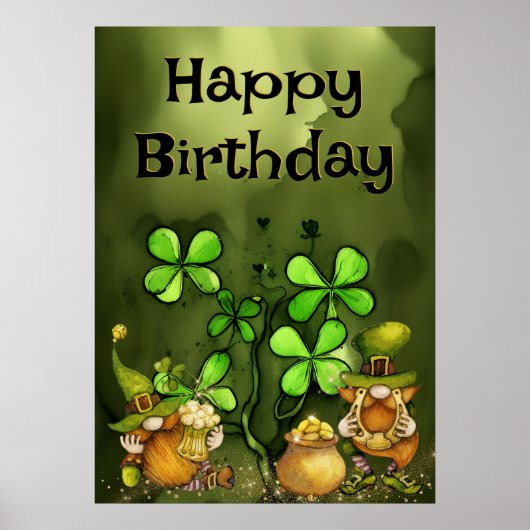 Irish Leprechaun Gnomes and Clovers Happy Birthday Poster (Voorkant)